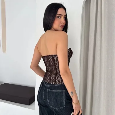 Women's Brown Transparent Lace Corset Strapless Crop Top 4