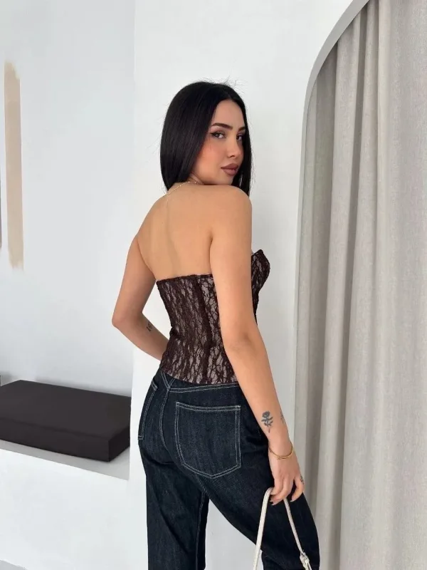Women's Brown Transparent Lace Corset Strapless Crop Top 4