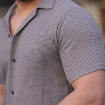 Men's Gray Regular Fit Waffle Fabric Button Open Collar Shirt 5