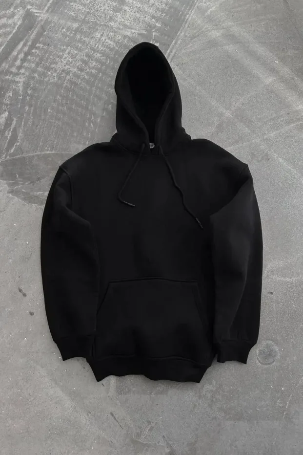 Jina Reş Oversize 3 Têl Pembû Kangurû Cêplî Kapşonlu Sweatshirt 2