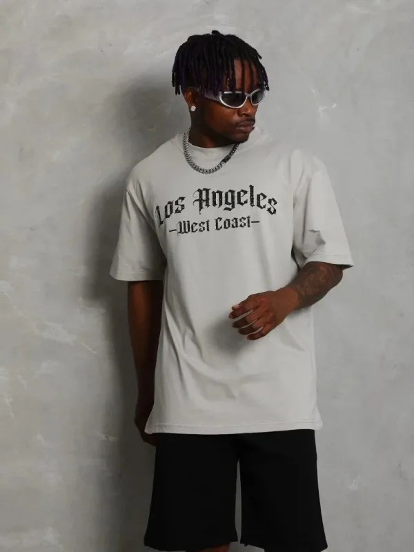 Men's Gray Oversize Cycling Neck Printed T-Shirt