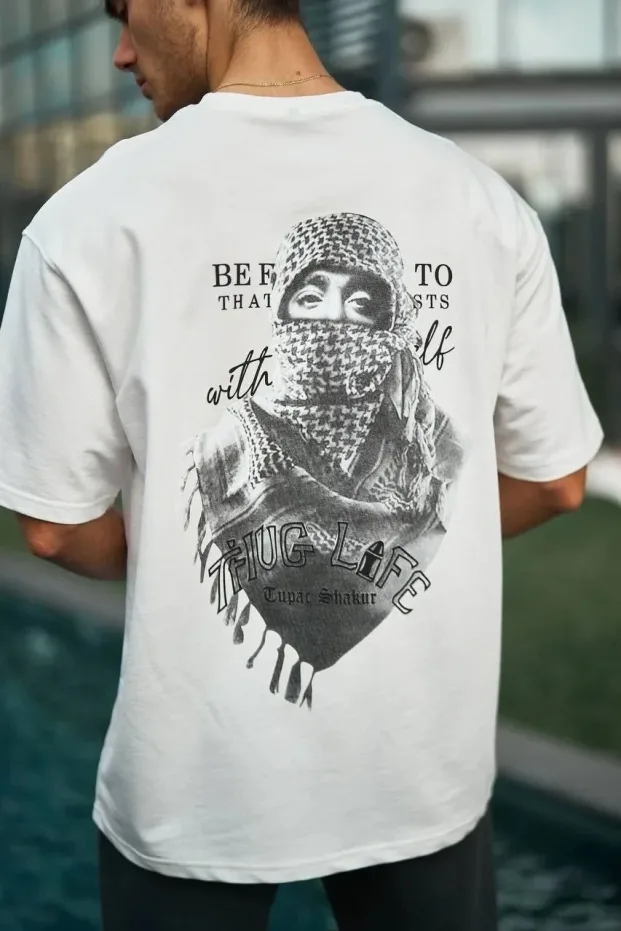 Bărbat Alb Tricou cu Guler Bicicletă Imprimat cu Eșarfă Palestiniană 6