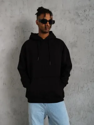 Bărbați Negru 3 Fire Bumbac Glugă Cangur Buzunar Sweatshirt