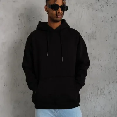 Men's Black 3-Thread Cotton Hooded Kangaroo Pocket Sweatshirt 1