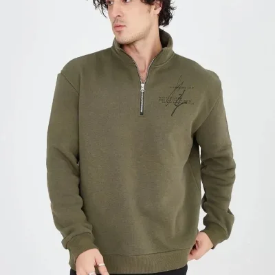 Men's Green Half Zip 3-Thread Cotton Printed Sweatshirt 7