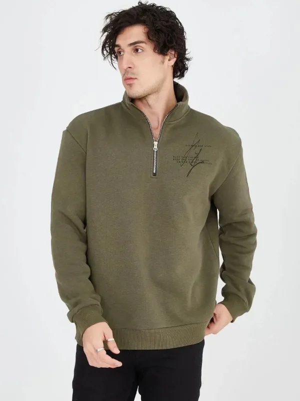 Men's Green Half Zip 3-Thread Cotton Printed Sweatshirt 7