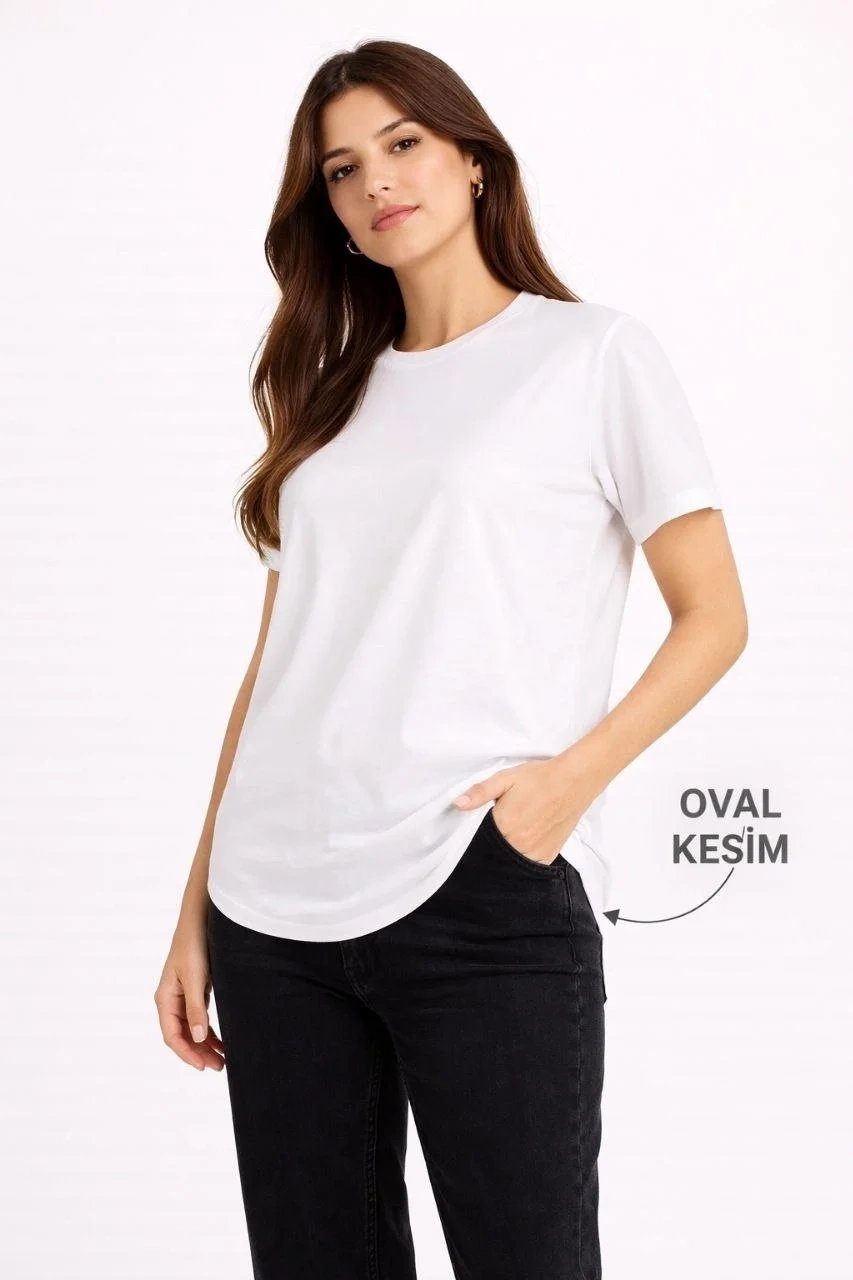 Kadın Beyaz Oversize Bisiklet Yaka Oval Kesim Basic Tişört