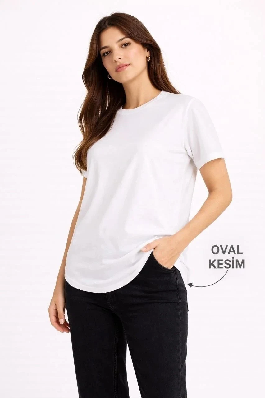 Dámské bílé oversize tričko s kulatým výstřihem a oválným střihem, základní