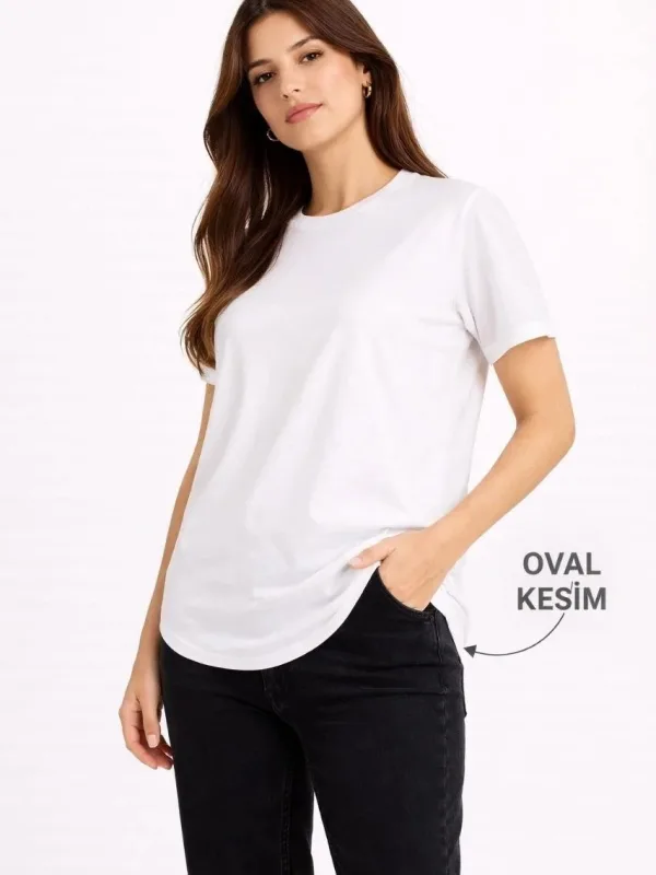 Women's White Oversize Crew Neck Oval Cut Basic T-Shirt 1