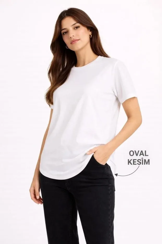 Kadın Beyaz Oversize Bisiklet Yaka Oval Kesim Basic Tişört 1