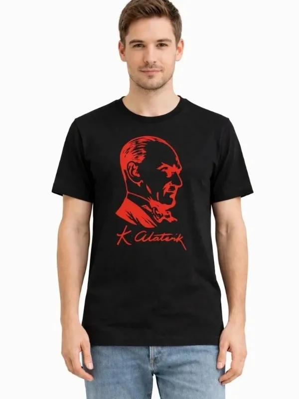 Pánské černé tričko s límečkem a potiskem Atatürk
