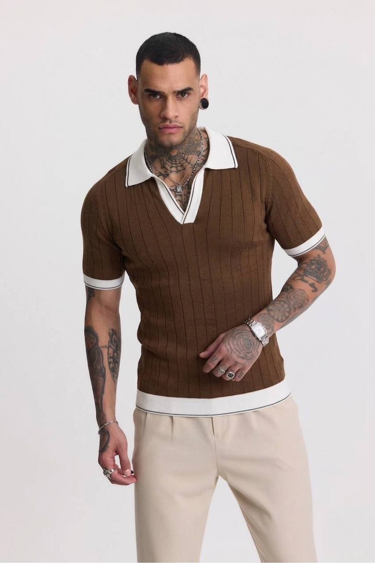 Marrone Toscana Maglia Cotone Manica Corta Polo Collo T-Shirt 4