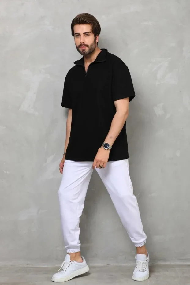 Erkek Siyah Oversize Yarım Fermuarlı Pamuklu Tişört 5