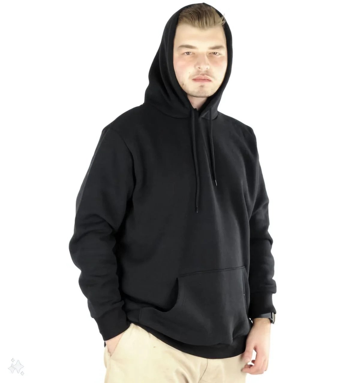 Férfi Fekete Oversize 3 Szálas Pamut Kapucnis Zsebes Sweatshirt 2