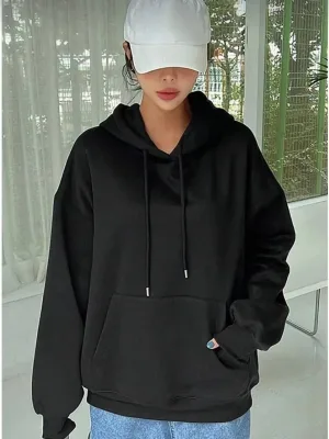 Damski Czarny Oversize 3-nitkowy Bawełniany Kaptur Kieszeń Kangur Sweatshirt