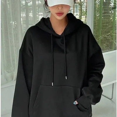 Femeie Neagră Oversize 3 Fire Bumbac Cu Glugă Cu Buzunar Cangur Sweatshirt 1