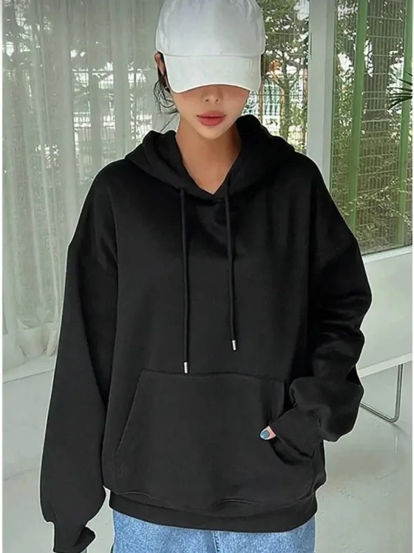 Femeie Neagră Oversize 3 Fire Bumbac Cu Glugă Cu Buzunar Cangur Sweatshirt 1