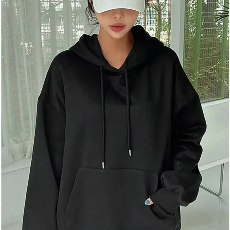 Femeie Neagră Oversize 3 Fire Bumbac Cu Glugă Cu Buzunar Cangur Sweatshirt