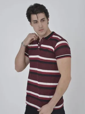 Pánské vínové slim fit polo tričko s tkanými pruhy