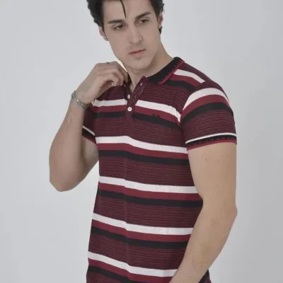 Pánské vínové slim fit polo tričko s tkanými pruhy 1