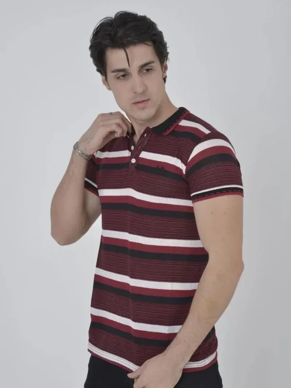 Pánské vínové slim fit polo tričko s tkanými pruhy 1