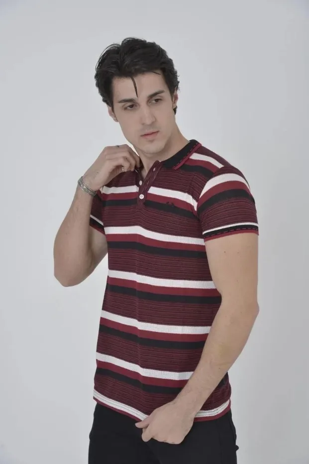 Чоловіча футболка-поло бордова slim fit, тканинна смужка 1
