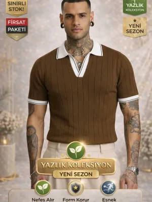 Tîşorta Polo Yaka Kevirê Kêm a Triko ya Mêr Qehweyî Regular