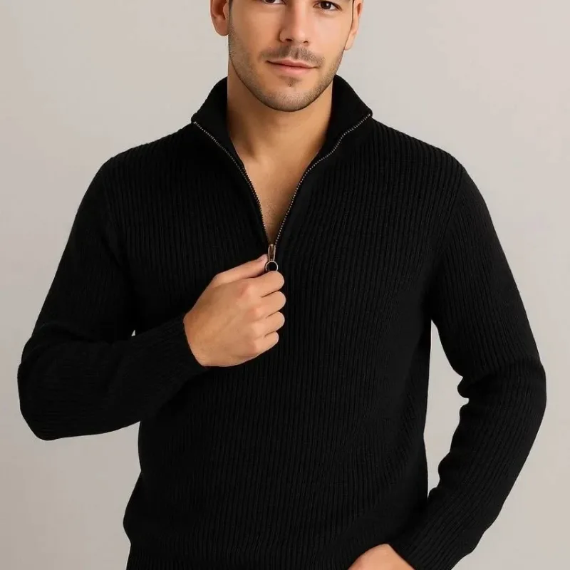 Men's Black Regular Fit Half Zip Selanik Knit Sweater