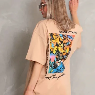 Женски Беж Oversize Бициклета Јака Печатена Кратка Ракав Маица 5
