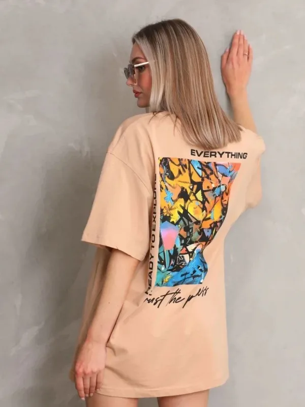 Женски Беж Oversize Бициклета Јака Печатена Кратка Ракав Маица 5