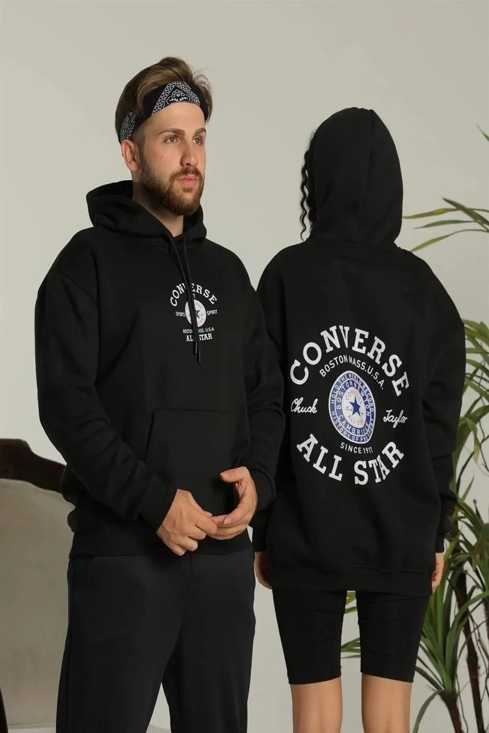 Erkek Siyah Oversize 3 İplik Kapüşonlu Sırt Baskılı Sweatshirt