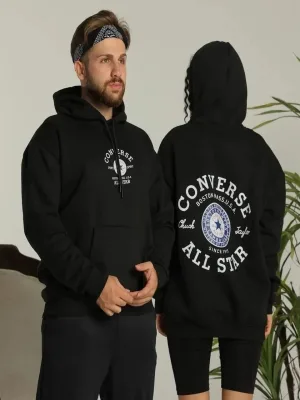 Męska Czarna Oversize Bluza z Kapturem 3-nitkowa z Nadrukiem na Plecach