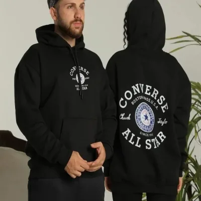 Muška crna oversize 3-niti kapuljača leđa print duks 1