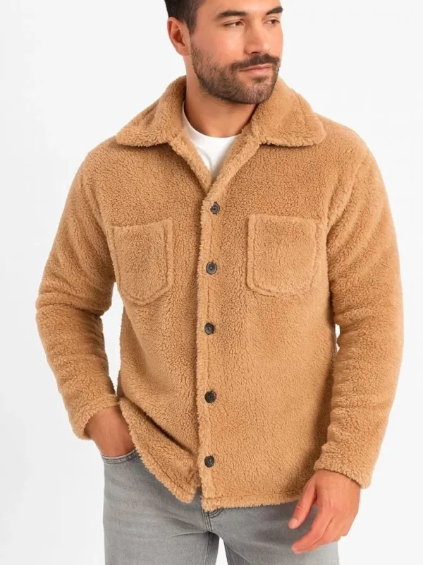 Men's Light Brown Shirt Collar Plush Fleece Button Cardigan