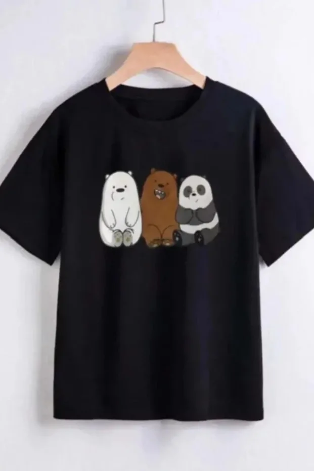 Çocuk Siyah Oversize Bisiklet Yaka Baskılı Tişört 3