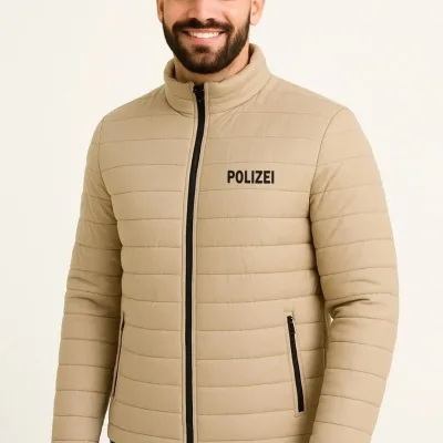 Muška bež mikro vodoodbojna prošivena bomber jakna sa printom i patent zatvaračem 2