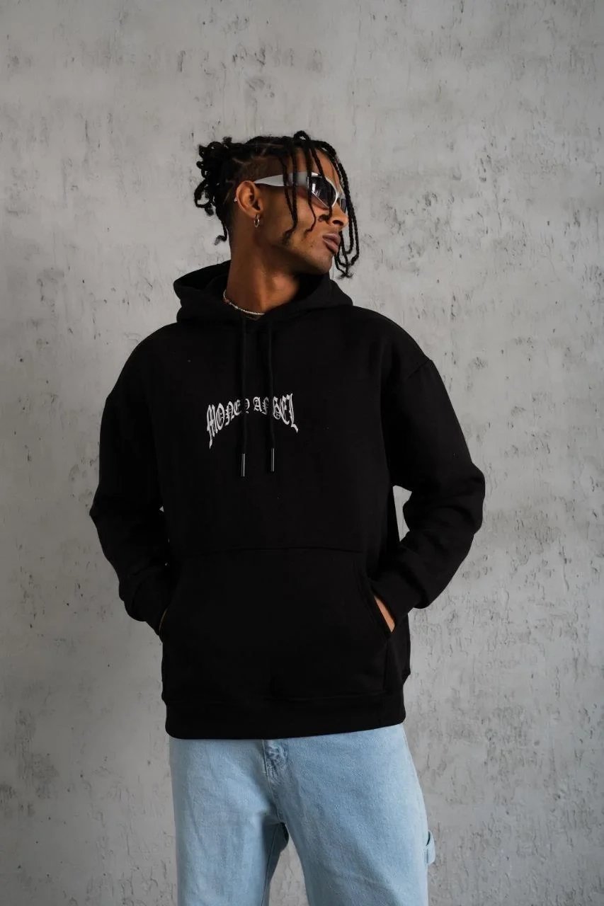 Sweatshirtê Mêran ê Reş 3 Têl Pembû Bi Çap û Kulp û Berîk 1