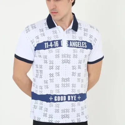 Férfi Fehér Slim Fit Nyomott Polo Galléros Rövid Ujjú Póló 4