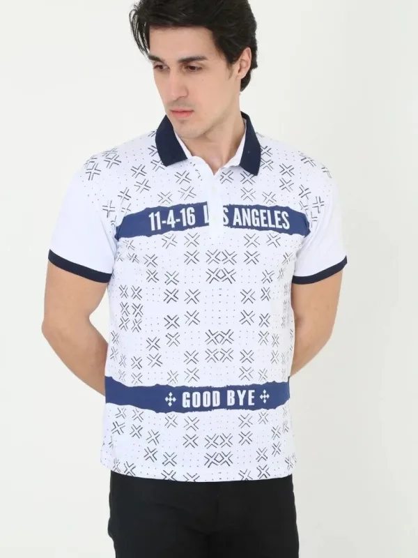 Férfi Fehér Slim Fit Nyomott Polo Galléros Rövid Ujjú Póló 4