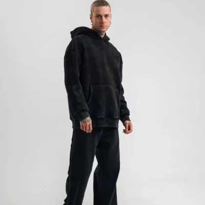 Men's Black 3-Thread Cotton Washed Embroidered Hooded Sweatshirt 5