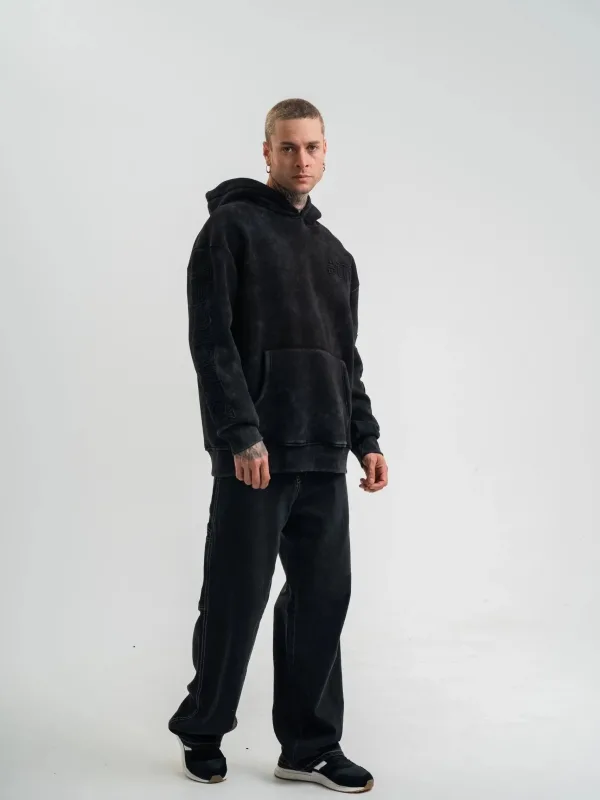 Men's Black 3-Thread Cotton Washed Embroidered Hooded Sweatshirt 5