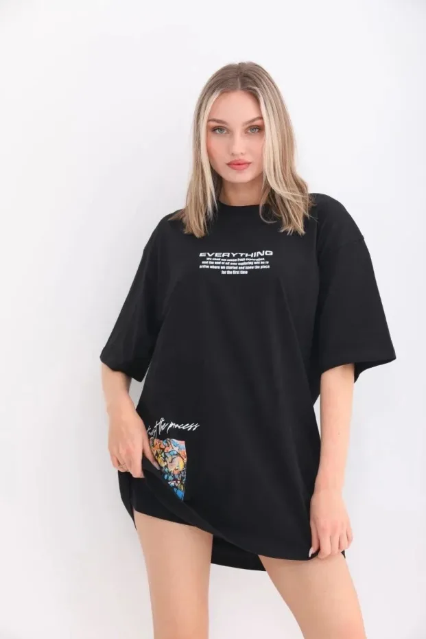 Femeie Neagră Oversize Guler Bicicletă Tricou Imprimat 1