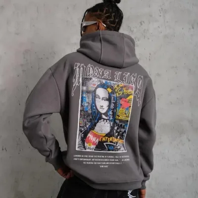 Pánské šedé oversized 3-nitní bavlněné kapucové potištěné mikiny 3