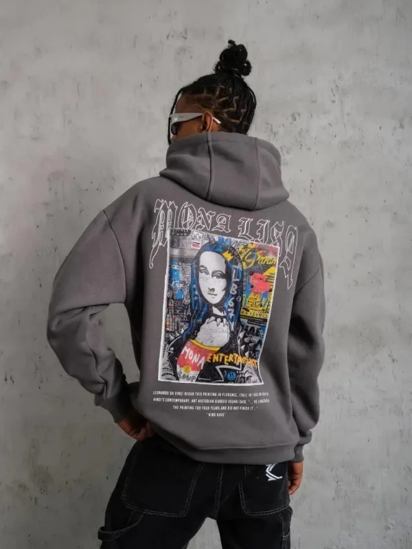 Pánské šedé oversized 3-nitní bavlněné kapucové potištěné mikiny 3