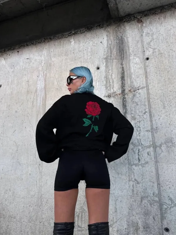 Γυναικείο Μαύρο Oversize Φούτερ με Κουκούλα, Print Τριαντάφυλλο, Βαμβακερό 3