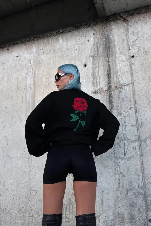 Damski Czarny Oversize Kaptur Róża Nadruk Bawełniany Sweatshirt 3