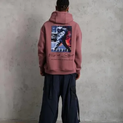 Pánský růžový oversize 3-nitní bavlněný potištěný mikina s kapucí 5