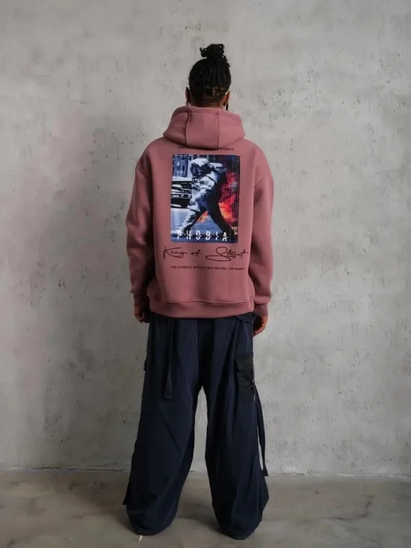 Pánský růžový oversize 3-nitní bavlněný potištěný mikina s kapucí 5