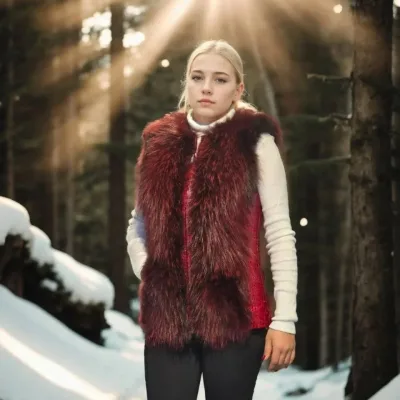 Dámská červená pravá kožešina bez rukávů zip vesta 1
