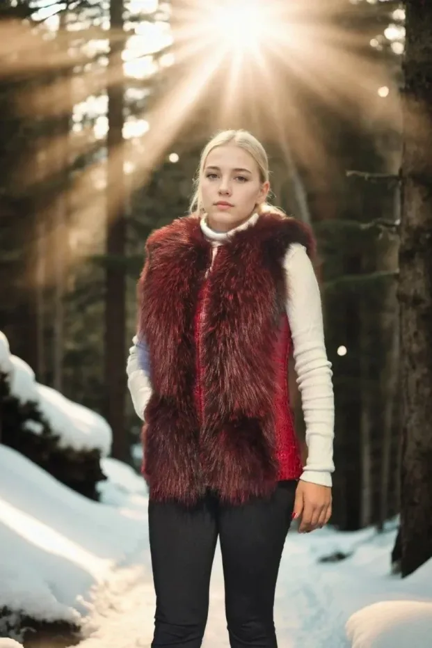 Women's Red Genuine Fur Sleeveless Zippered Vest 1